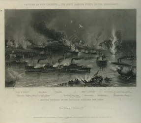 Captura de Nueva Orleans: La flota pasando por los fuertes en el Misisipi, c.1862